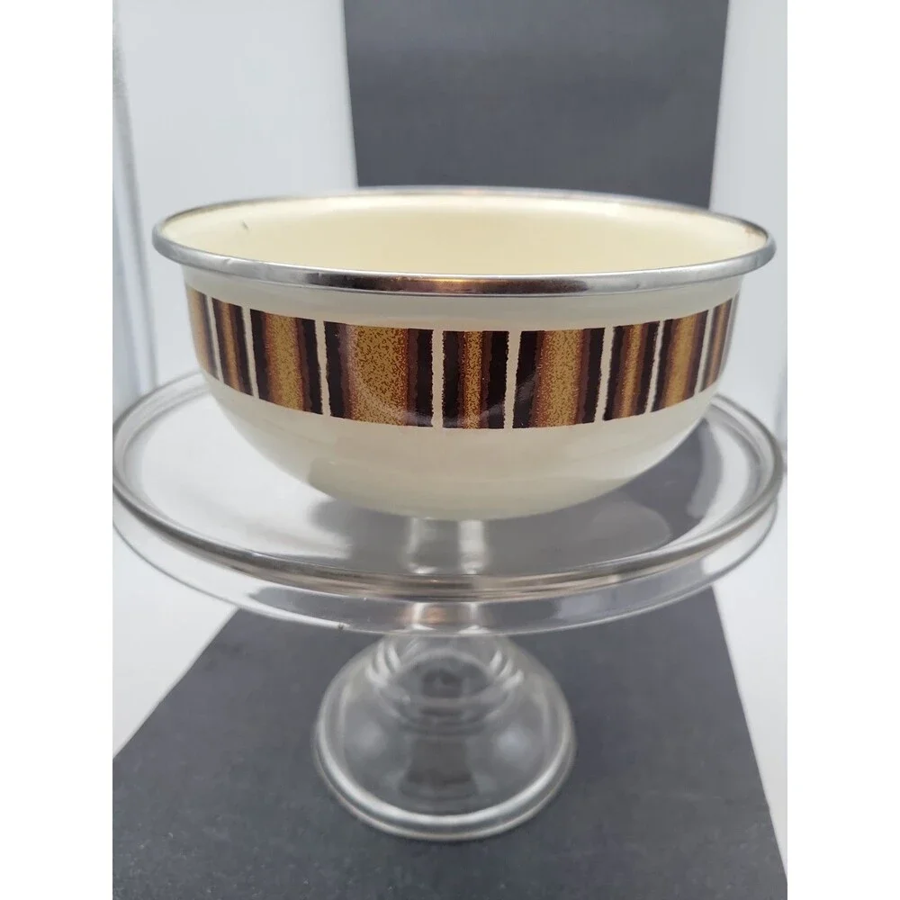 1960s Metal Enamel Mixing Bowl Set Brown Cream Retro Vtg 3 Piece Stripe Camping